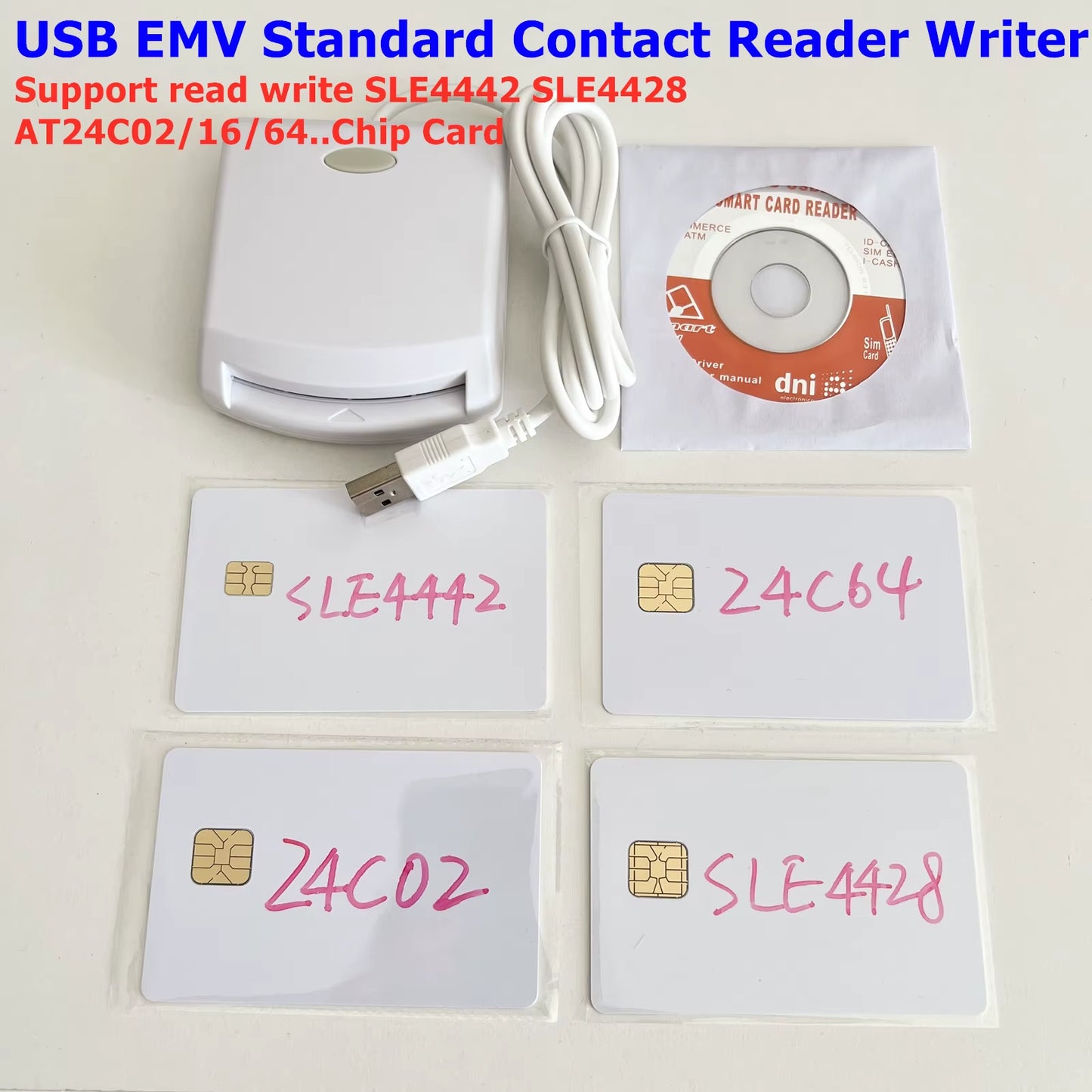 ISO7816 Contact EMV SIM Eid Smart Chip Card Reader Writer Programmer for Contact Memory Chip Card +2 PCS Test Cards&Sdk Kit